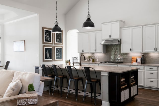 kitchen with under cabinet range hood, gas cooktop, tasteful backsplash, a breakfast bar area, and white cabinets