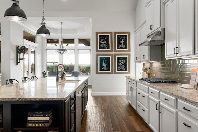 kitchen with under cabinet range hood, a sink, backsplash, dark wood-style flooring, and stainless steel gas cooktop