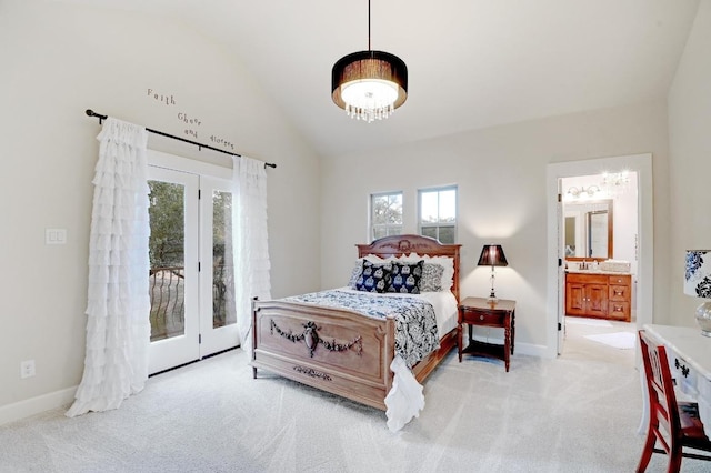 bedroom featuring access to exterior, carpet, baseboards, and lofted ceiling