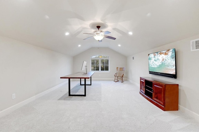 recreation room featuring ceiling fan, baseboards, vaulted ceiling, light carpet, and recessed lighting