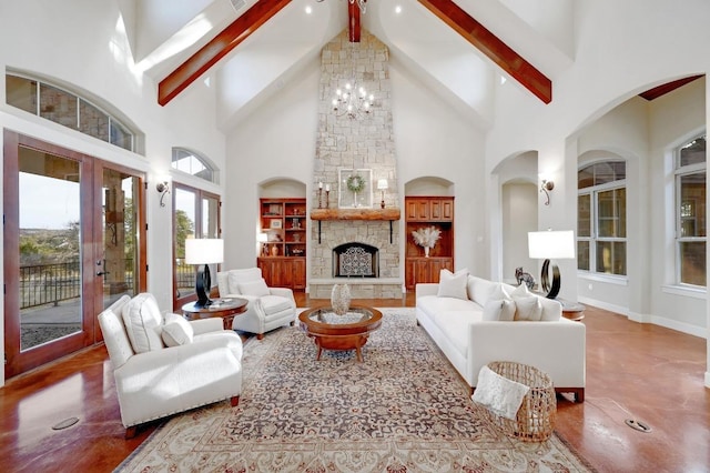 living area featuring a stone fireplace, an inviting chandelier, high vaulted ceiling, and beam ceiling