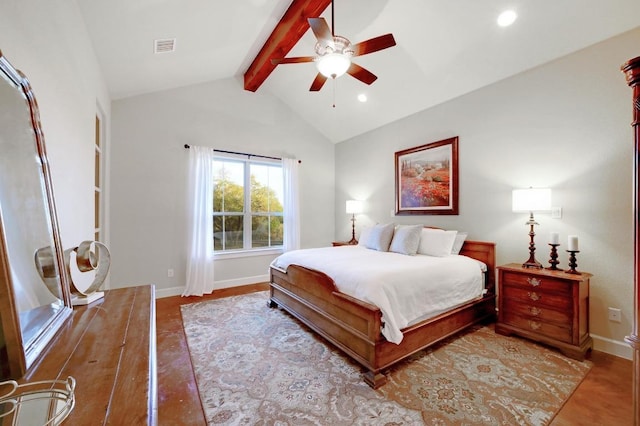 bedroom with visible vents, a ceiling fan, lofted ceiling with beams, recessed lighting, and baseboards