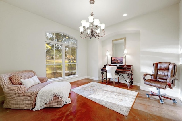 sitting room featuring recessed lighting, baseboards, an inviting chandelier, and wood finished floors