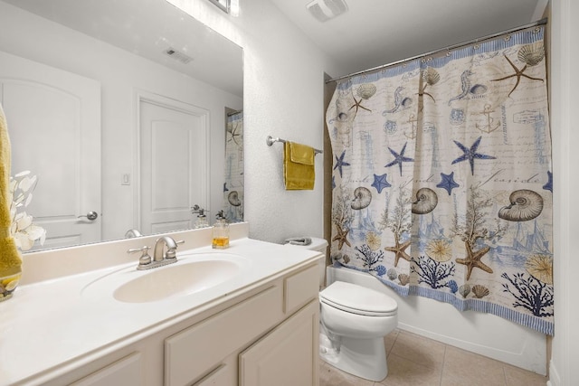 bathroom featuring visible vents, toilet, shower / tub combo, and tile patterned flooring