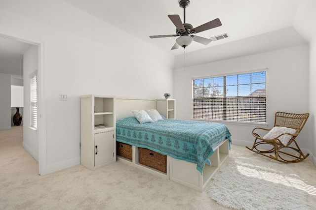 bedroom with visible vents, baseboards, carpet, and vaulted ceiling