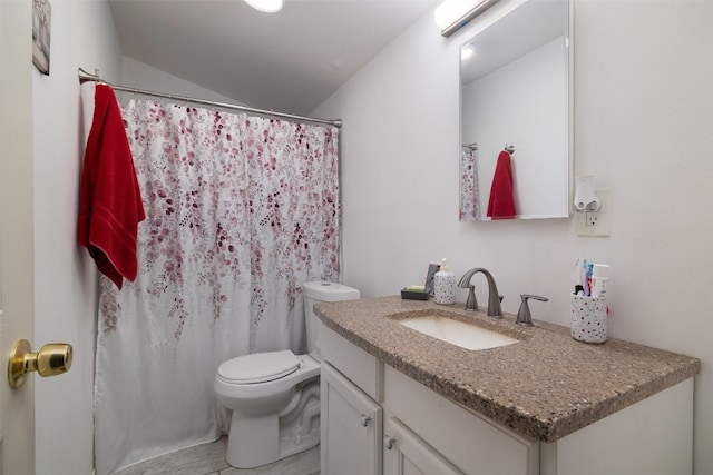 full bathroom featuring curtained shower, toilet, and vanity