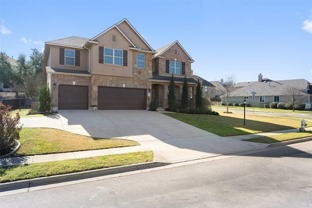 view of front facade featuring a front yard, driveway, an attached garage, stucco siding, and stone siding