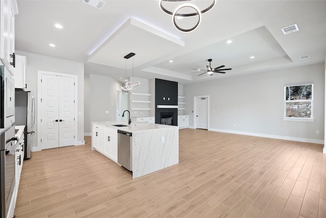 kitchen featuring a sink, a tray ceiling, a fireplace, and stainless steel appliances