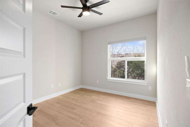 empty room featuring visible vents, light wood-style flooring, baseboards, and a ceiling fan