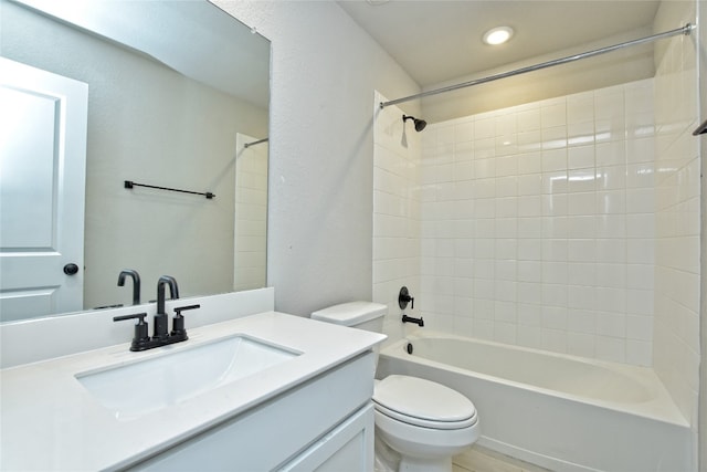 full bath with vanity, toilet, recessed lighting, and shower / bathtub combination