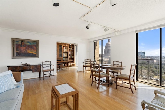 dining space featuring crown molding, floor to ceiling windows, plenty of natural light, and light wood-style floors