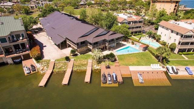 aerial view featuring a water view