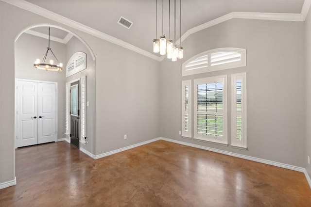 entryway featuring visible vents, high vaulted ceiling, arched walkways, finished concrete floors, and a chandelier