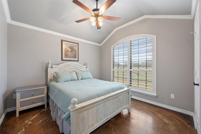 bedroom with ceiling fan, vaulted ceiling, baseboards, and ornamental molding