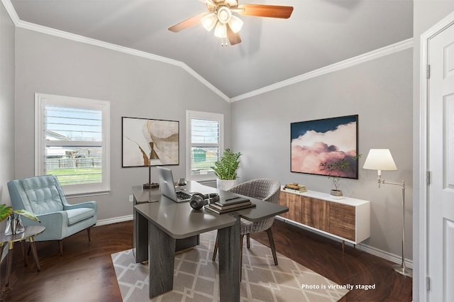 office space with crown molding, ceiling fan, baseboards, lofted ceiling, and wood finished floors