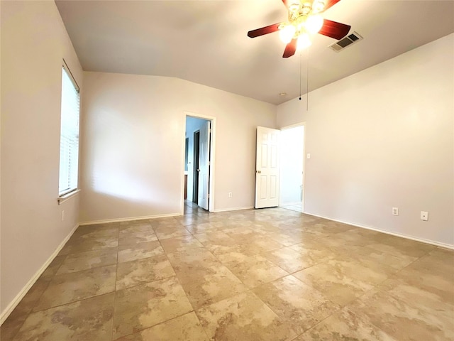 empty room featuring visible vents, baseboards, and ceiling fan