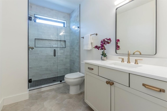 bathroom featuring toilet, a shower stall, and vanity