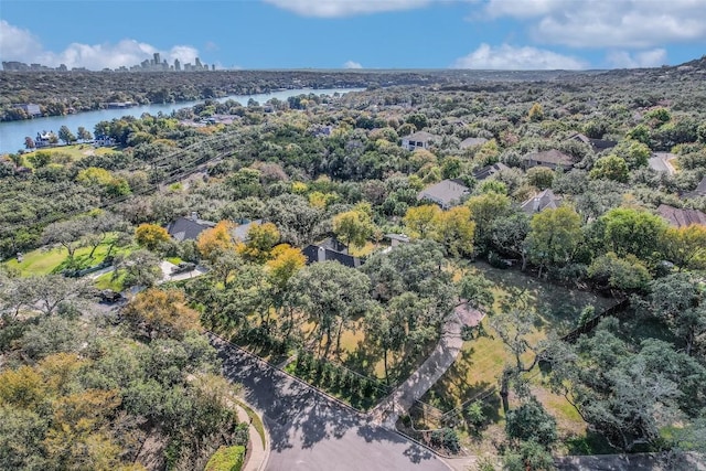 drone / aerial view with a water view