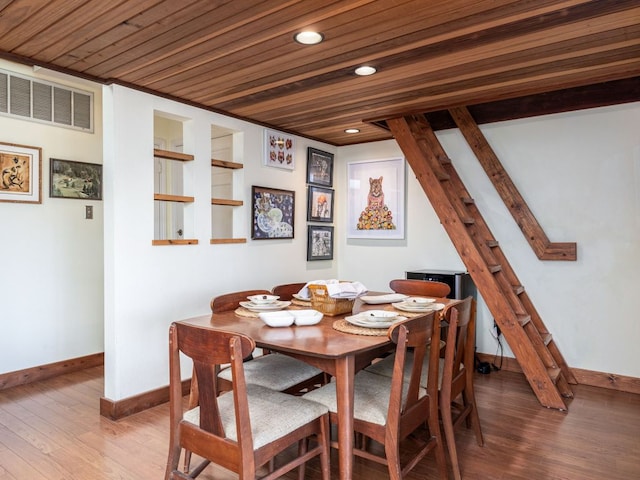 dining area featuring wood ceiling, wood finished floors, visible vents, and baseboards