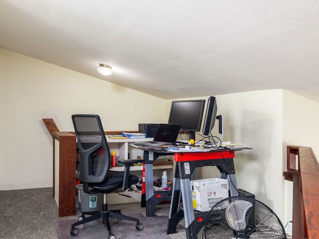 office area featuring a textured ceiling and carpet flooring