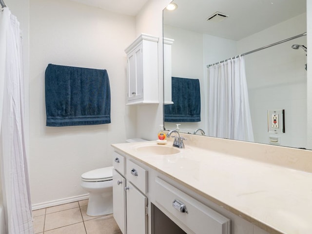 bathroom featuring visible vents, toilet, curtained shower, tile patterned flooring, and vanity