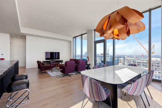 dining space with floor to ceiling windows and light wood-style flooring