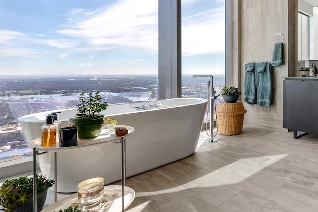 bathroom featuring a freestanding tub and vanity