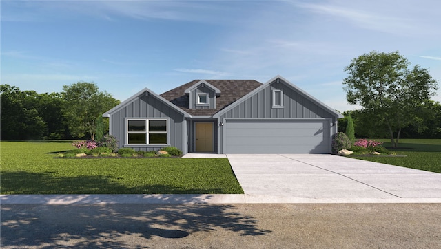 modern inspired farmhouse with board and batten siding, driveway, and a front lawn