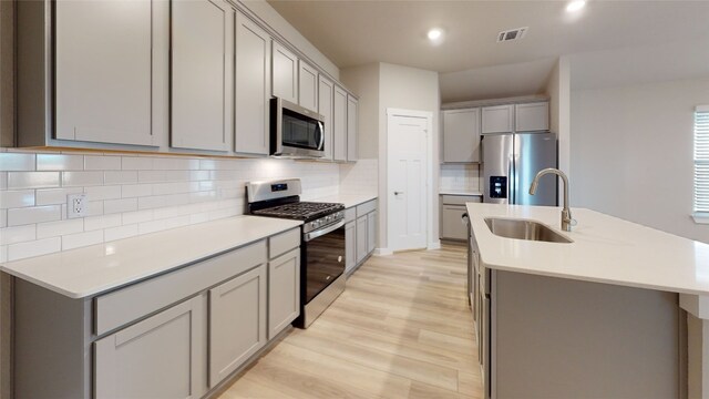 kitchen with visible vents, an island with sink, a sink, gray cabinetry, and stainless steel appliances