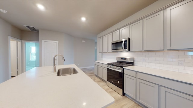 kitchen with a sink, decorative backsplash, gray cabinets, and stainless steel appliances