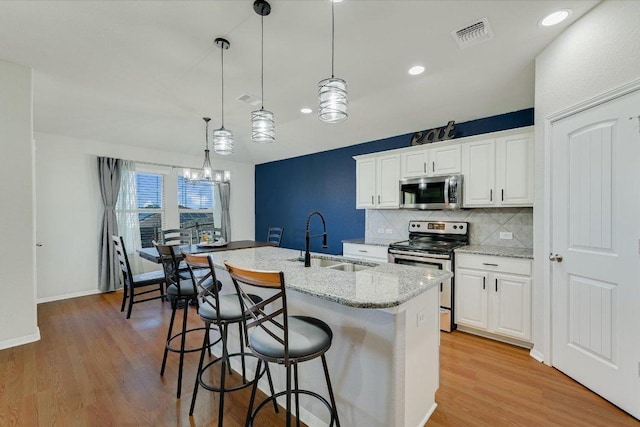 kitchen featuring decorative backsplash, appliances with stainless steel finishes, light wood-type flooring, and a sink