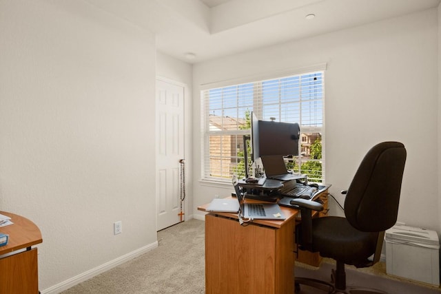 office with baseboards and light colored carpet