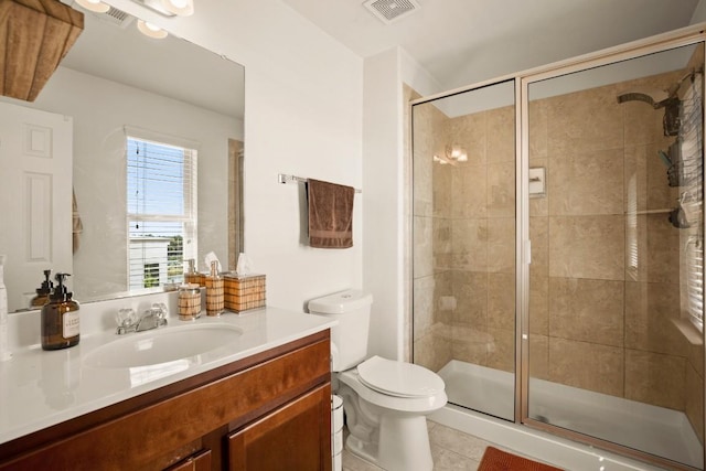 bathroom with tile patterned flooring, visible vents, a stall shower, and toilet