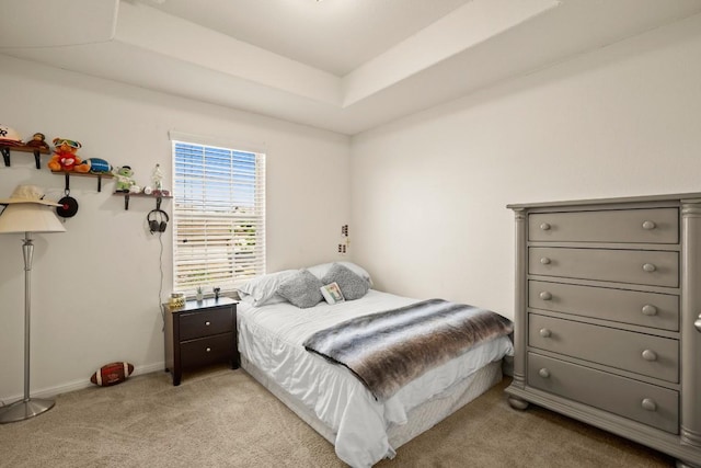 bedroom featuring a raised ceiling and light colored carpet