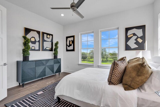 281 Pullman Ct, Round Rock, TX 78664 - bedroom with wood finished floors, recessed lighting, and ceiling fan