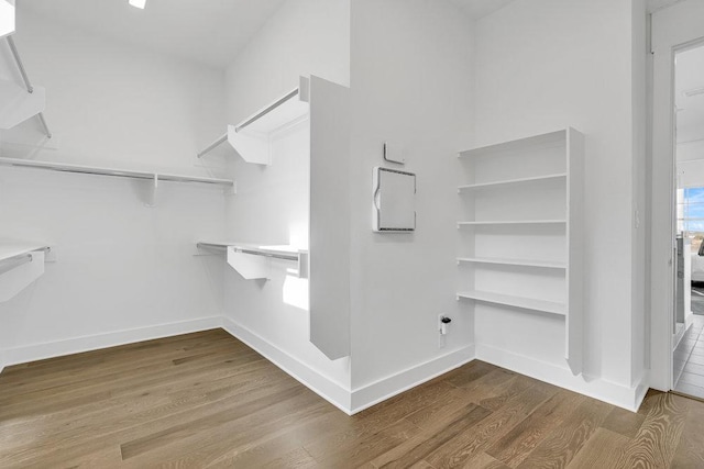 walk in closet with wood finished floors