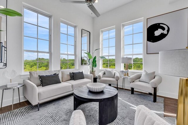 281 Pullman Ct, Round Rock, TX 78664 - living area with wood finished floors, plenty of natural light, and ceiling fan