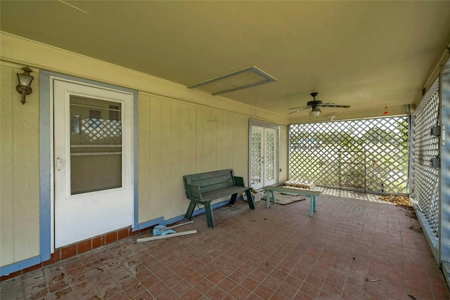 view of patio featuring french doors and ceiling fan