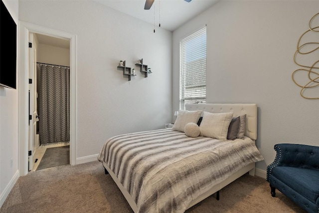 carpeted bedroom featuring a ceiling fan and baseboards