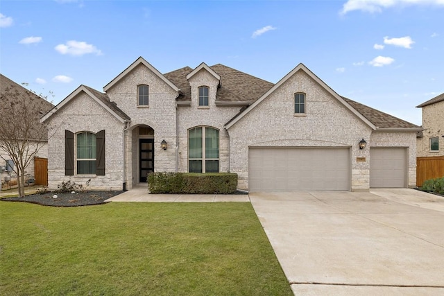 french country home with brick siding, concrete driveway, a shingled roof, and a front yard