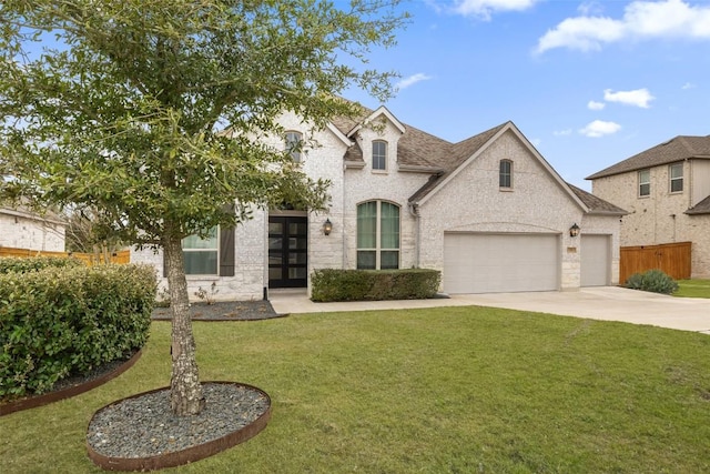 french country home featuring brick siding, a shingled roof, fence, a front yard, and driveway