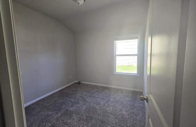 additional living space with dark colored carpet, baseboards, and vaulted ceiling