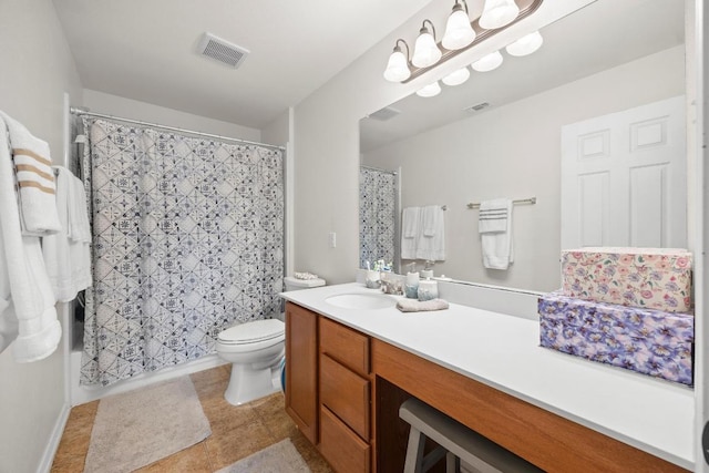 bathroom with tile patterned flooring, visible vents, toilet, and vanity