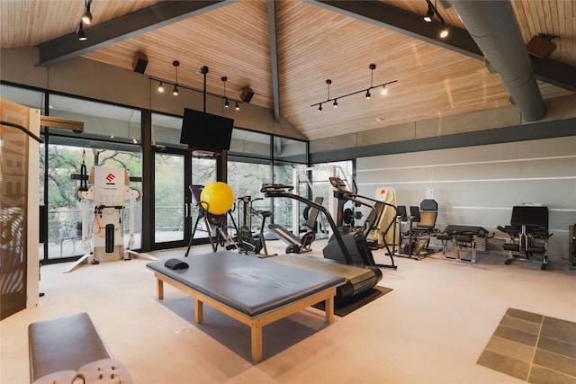 workout area with wooden ceiling, high vaulted ceiling, rail lighting, and carpet