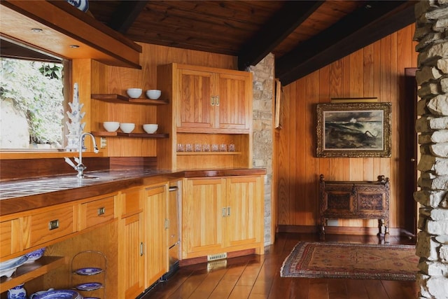 kitchen featuring beam ceiling, dark wood-type flooring, open shelves, wood walls, and wood ceiling