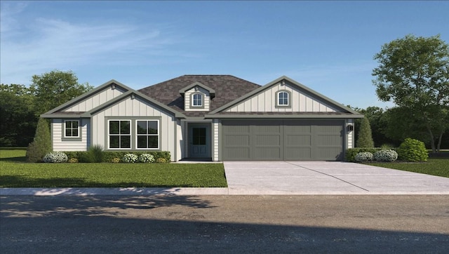 view of front of property featuring roof with shingles, a front lawn, concrete driveway, a garage, and board and batten siding