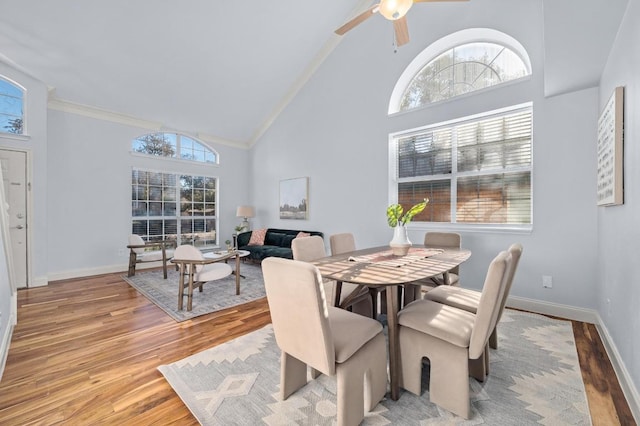 dining room with ornamental molding, wood finished floors, baseboards, and high vaulted ceiling