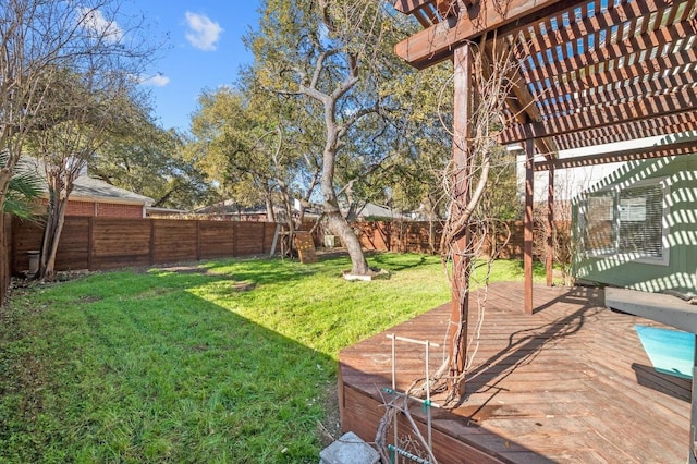 view of yard featuring a fenced backyard, a pergola, and a wooden deck