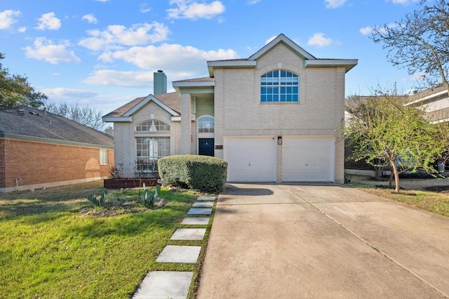 traditional home featuring a front lawn, driveway, a garage, brick siding, and a chimney