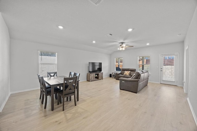 dining room with light wood-type flooring, visible vents, a ceiling fan, recessed lighting, and baseboards